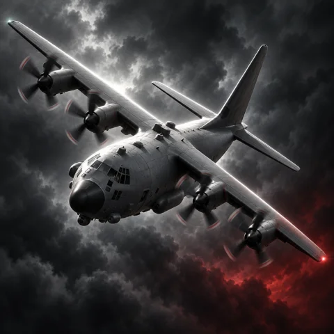 Pylon Turn app artwork: a gunship emerging from storm clouds