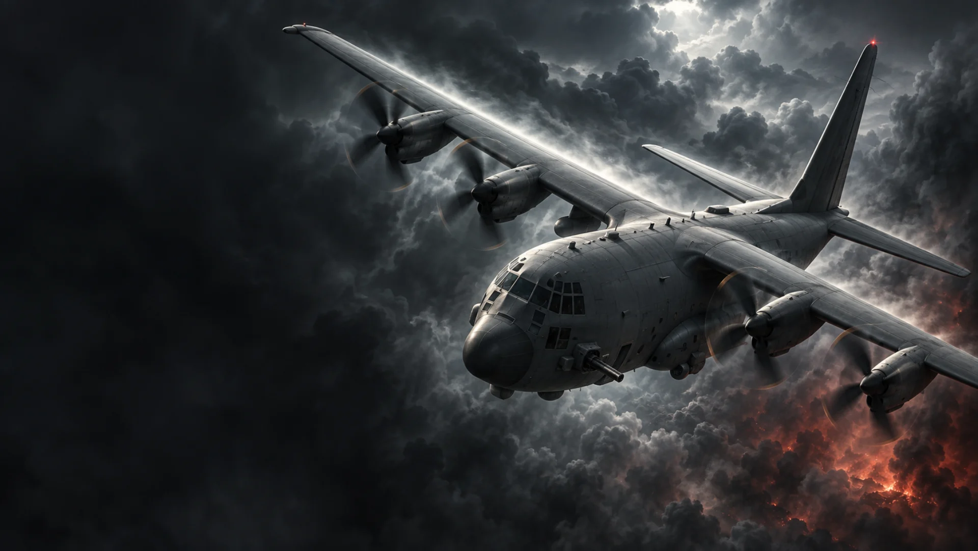 A gunship banking through storm clouds above the glow of a distant fire