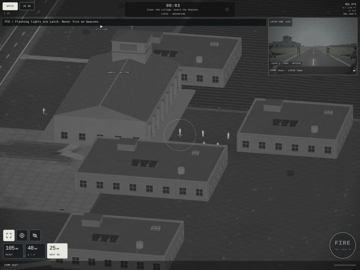 Actual Pylon Turn gameplay: the thermal gunship sensor tracking the ground team near a protected church
