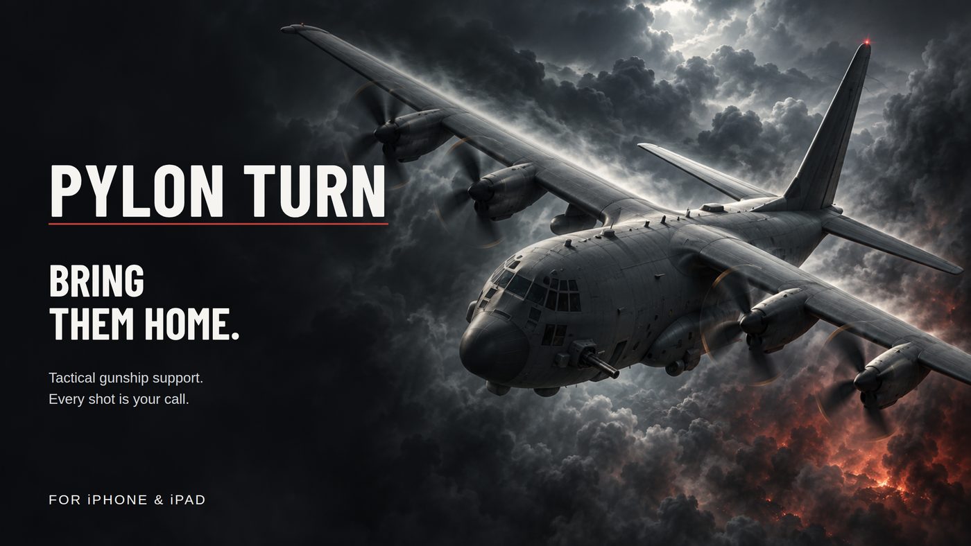 Pylon Turn key art: a gunship banking through storm cloud. Bring them home.