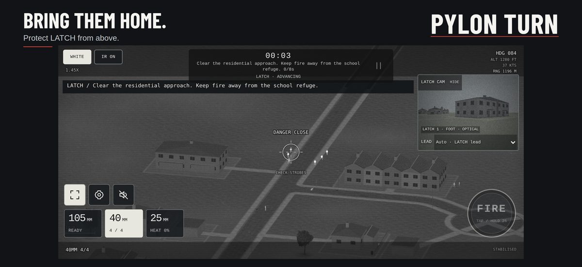Thermal view over a suburb: the reticle near a road, LATCH marked by strobes, the weapon row and fire button below.