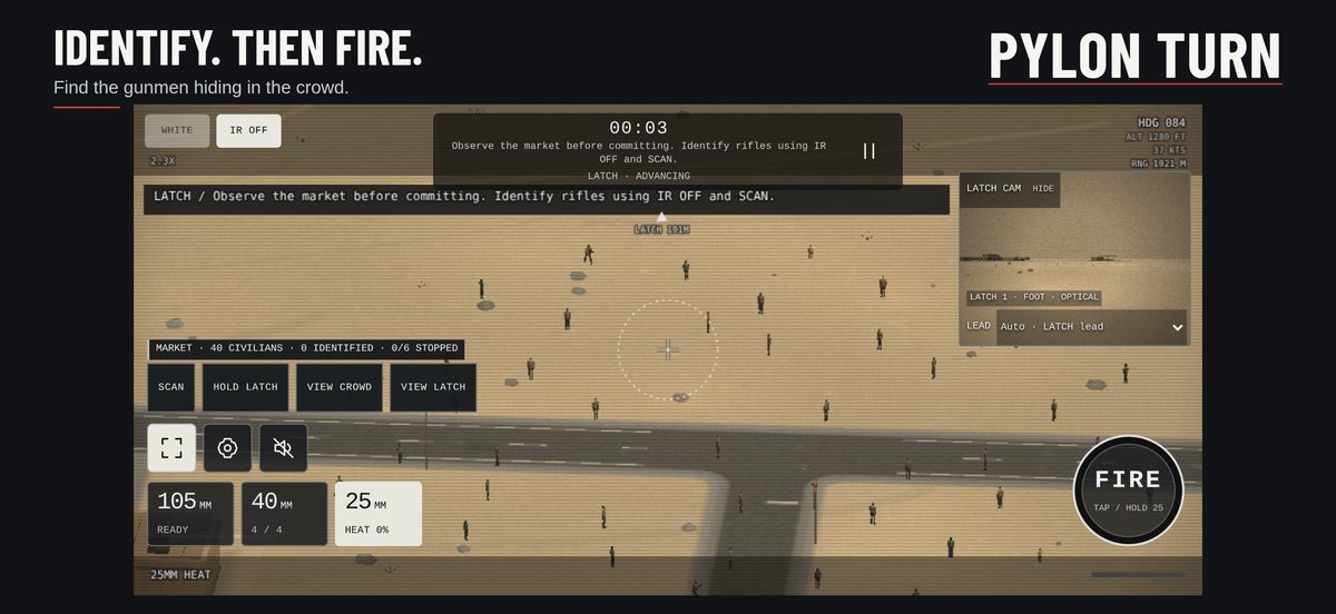 Identify, then fire: the optical view with civilians and armed men side by side.